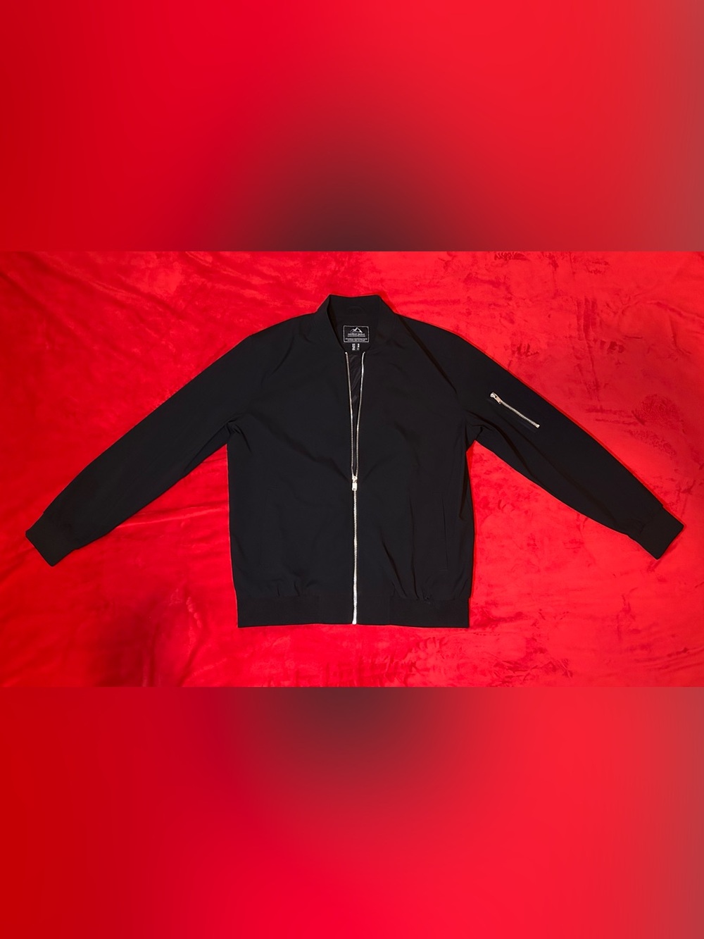 Men's Black Zip-Up Bomber Sweater with Sleeve Pocket